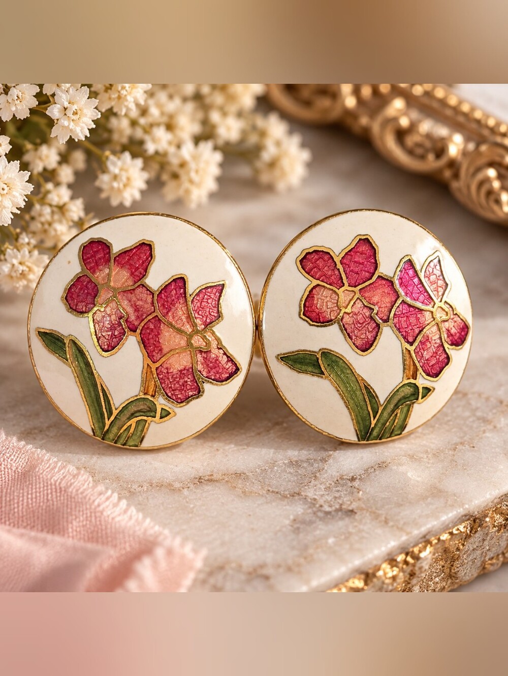Vintage Cloisonné Floral Earrings Pink Orchid Enamel Gold-Tone Round